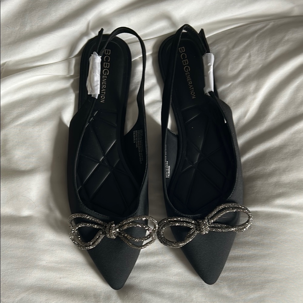 BCBGeneration unworn Black Slingback Flats with Silver Bow
